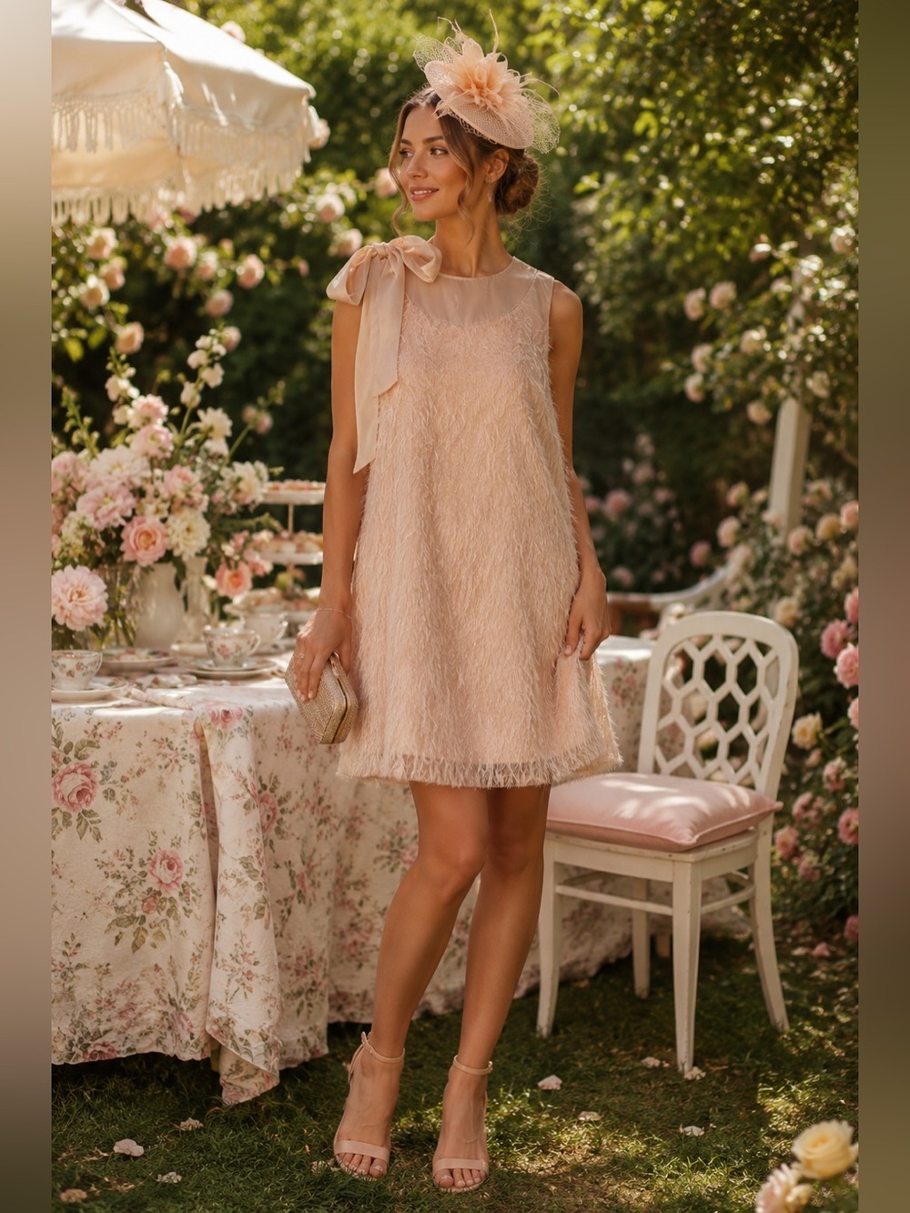 Peach / apricot Feathered summer wedding guest Sleeveless Dress